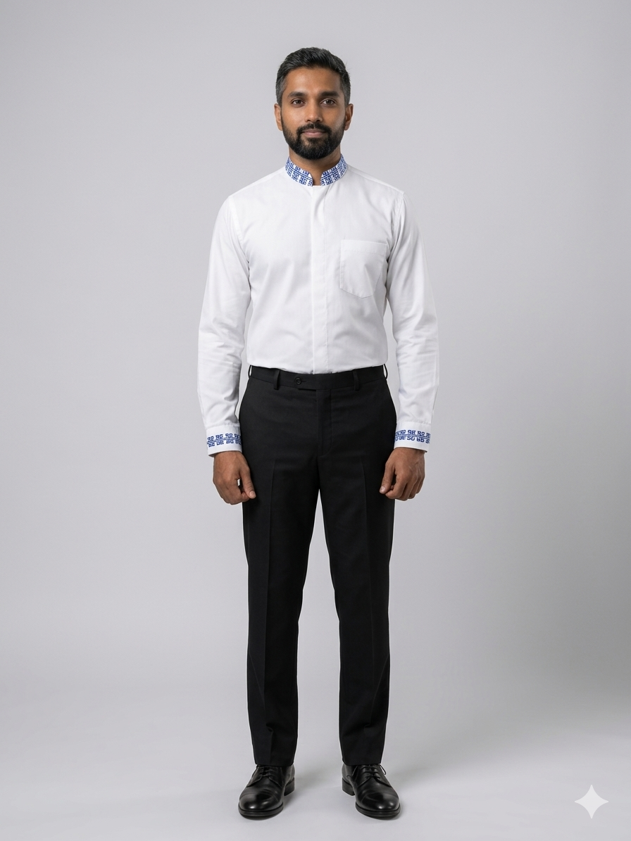 White mandarin-collar shirt with subtle blue trim