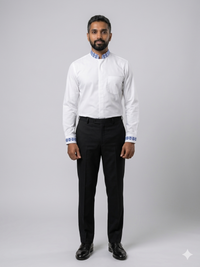 White mandarin-collar shirt with subtle blue trim