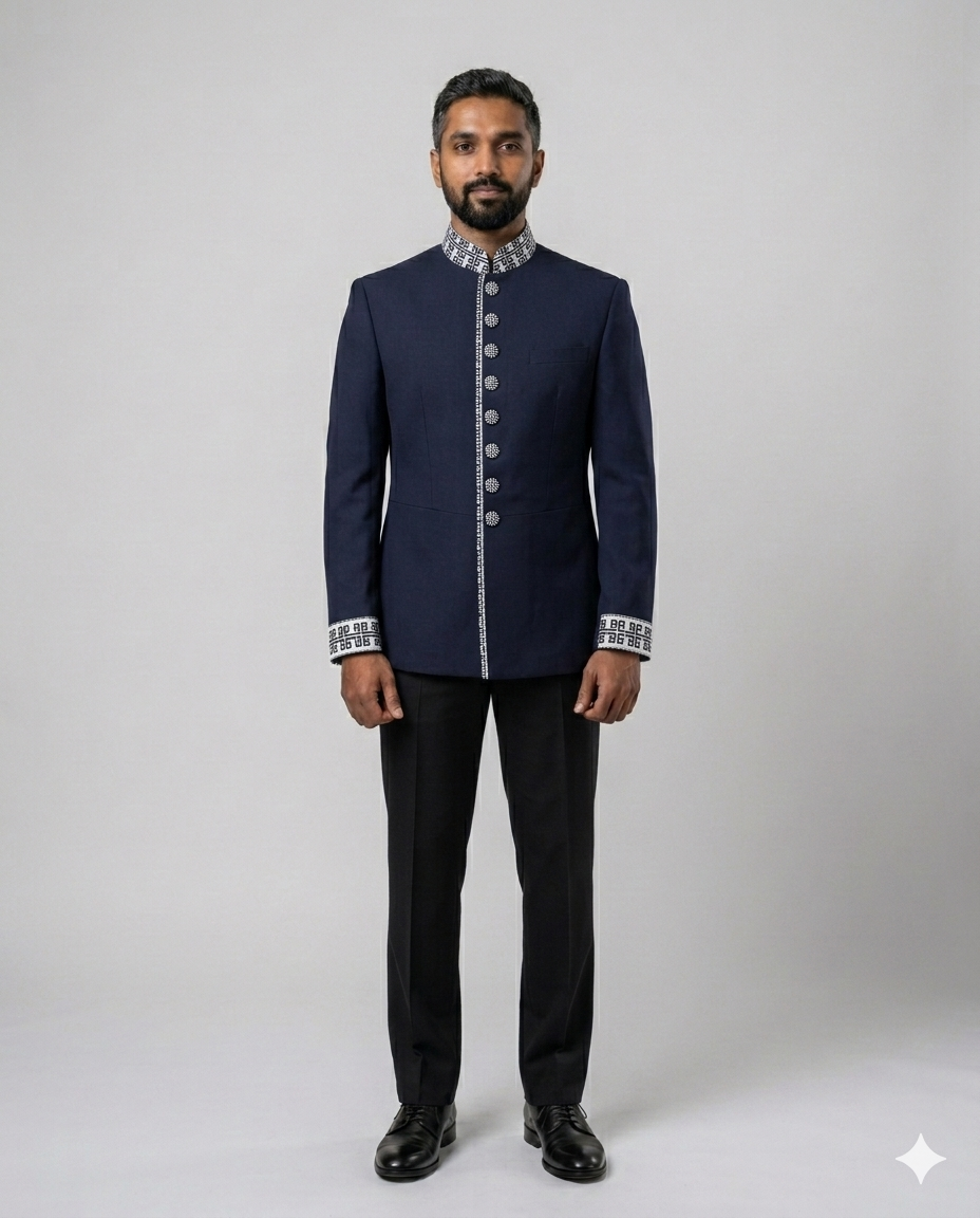 Navy bandhgala with brocade trim