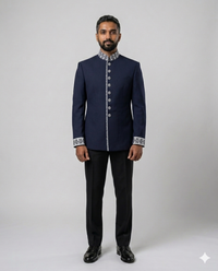 Navy bandhgala with brocade trim
