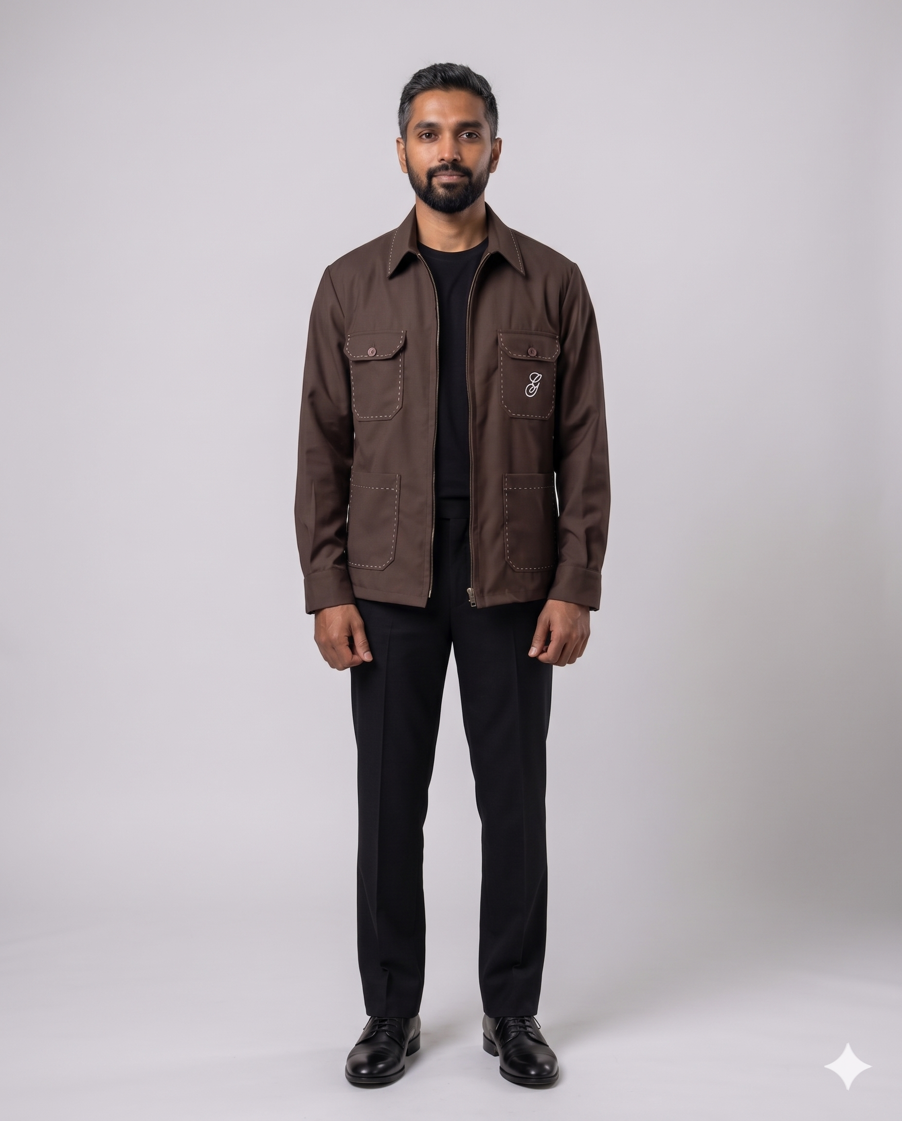 Brown utility shirt-jacket with pointed collar