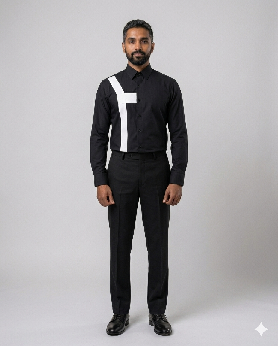 Black mandarin-collar shirt with white geometric chest panel