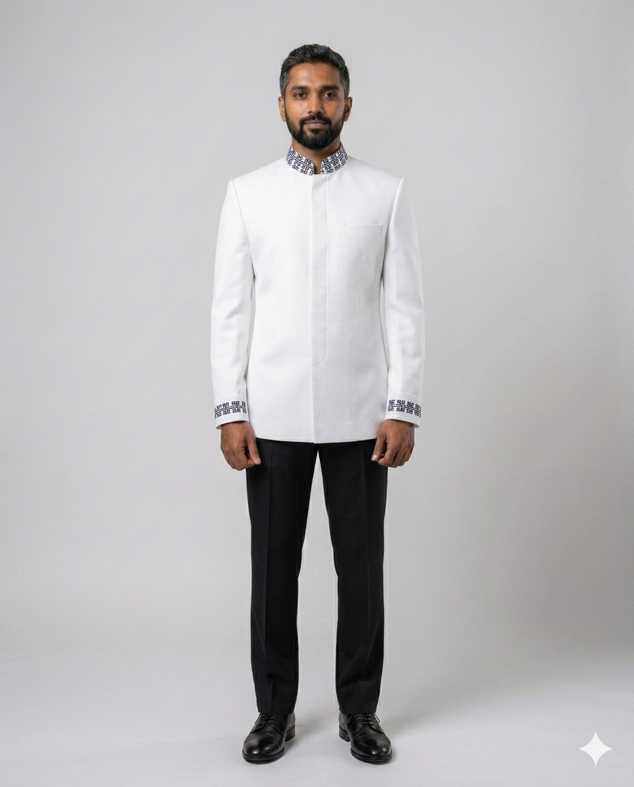 Ivory bandhgala with embroidered trim