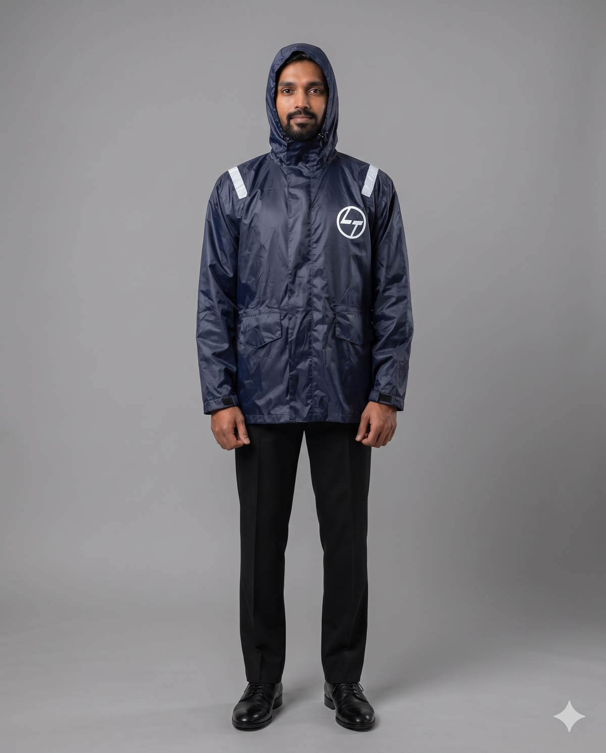 Navy hooded rain shell with corporate logo