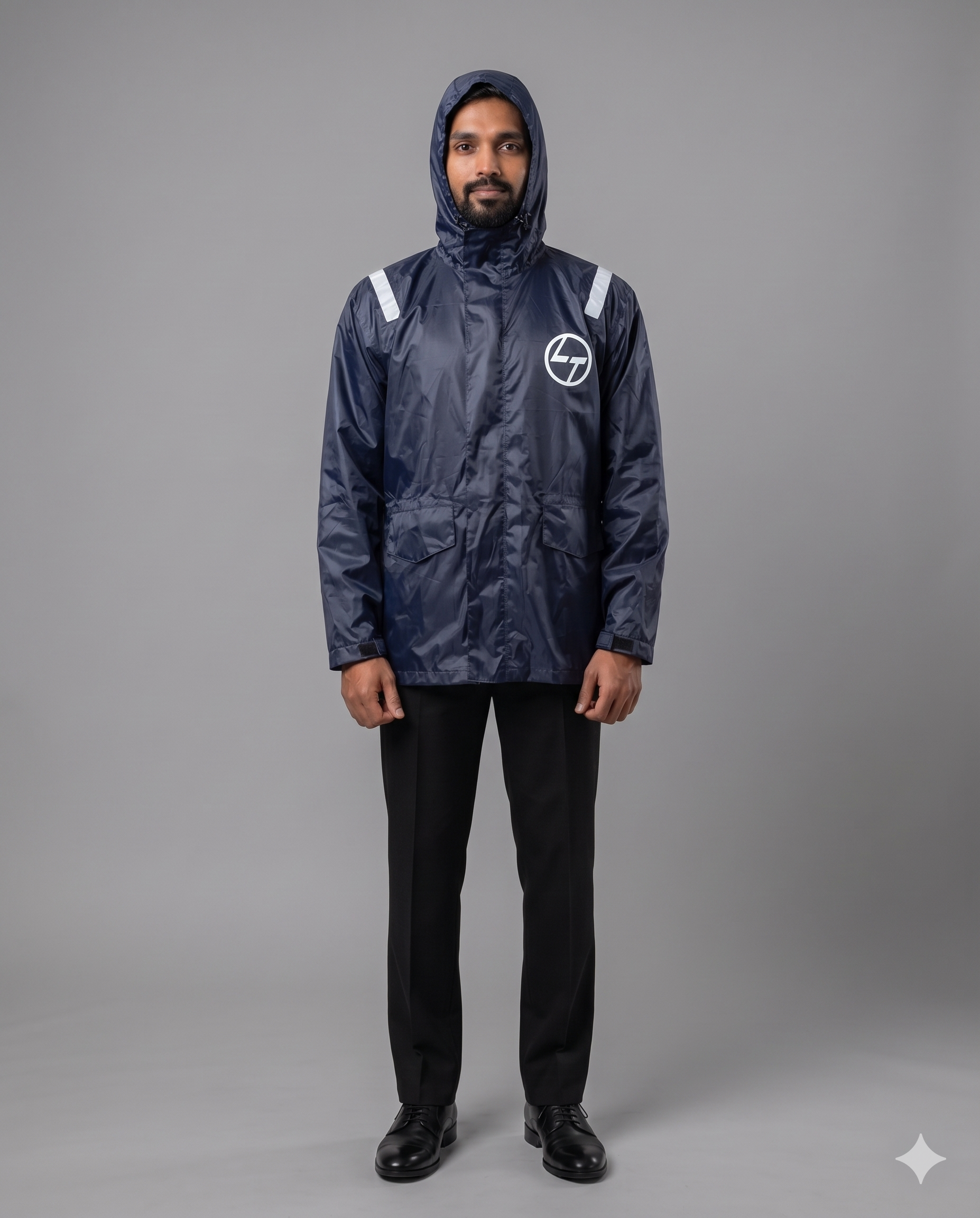 Navy hooded rain shell with corporate logo