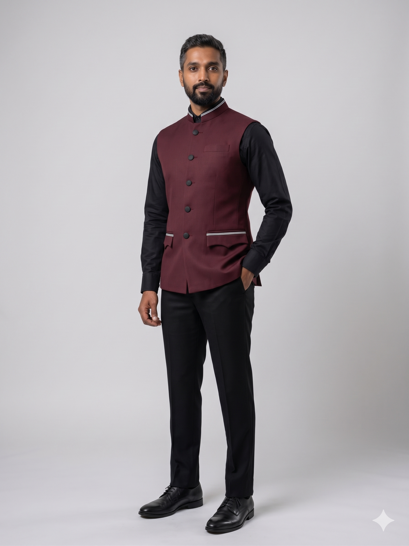 Maroon Nehru waistcoat over black shirt