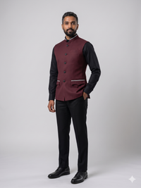 Maroon Nehru waistcoat over black shirt