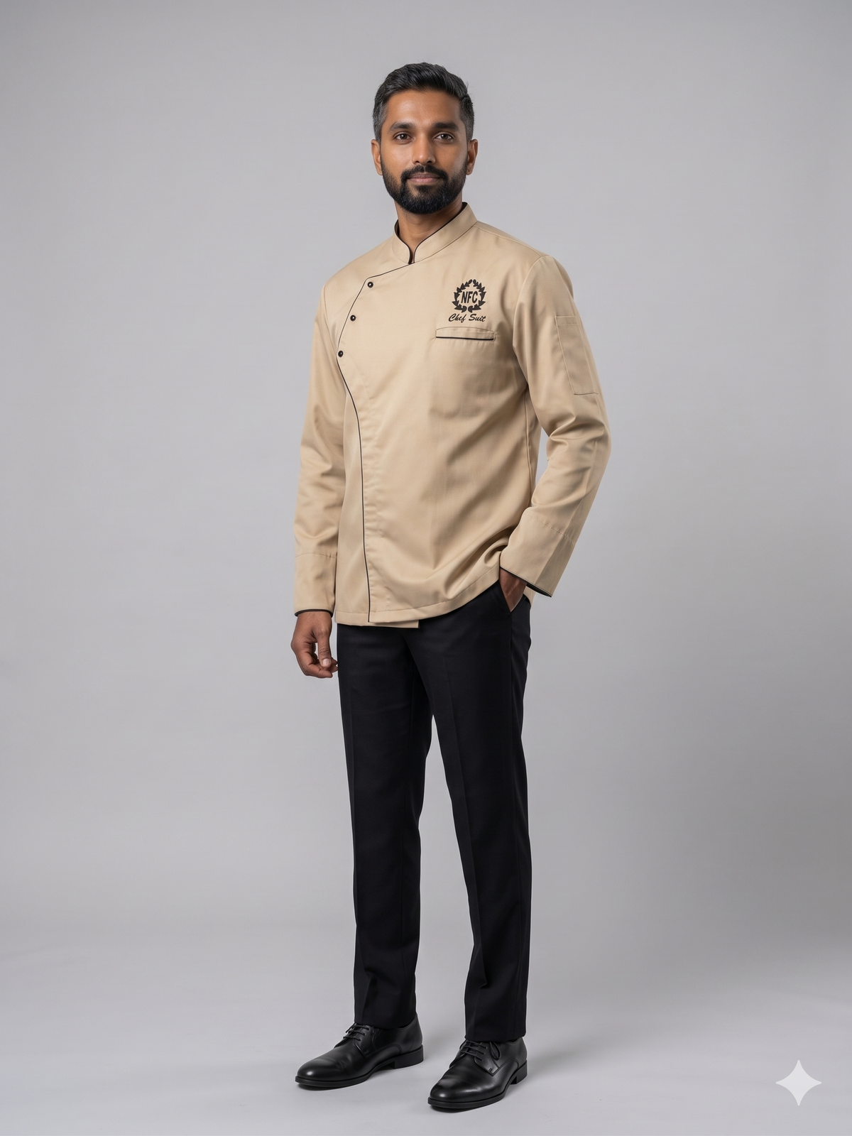 Khaki chef coat with embroidered logo