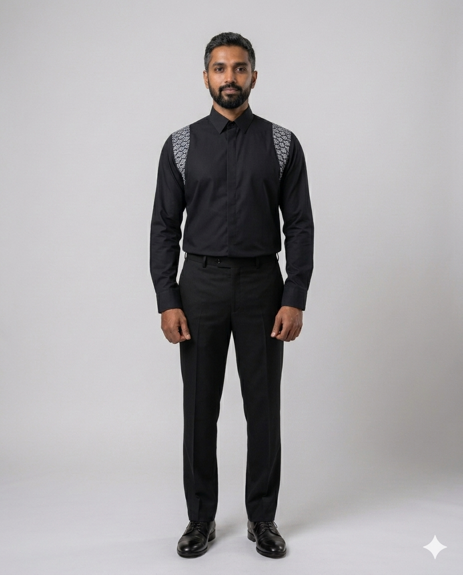 Black formal shirt with patterned shoulder yokes