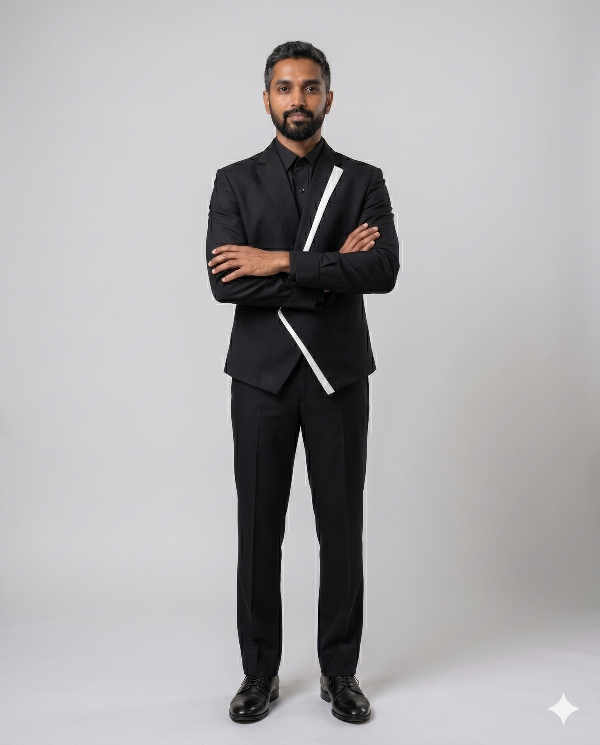 Black bandhgala with white diagonal sash