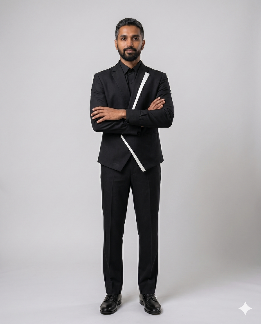Black bandhgala with white diagonal sash