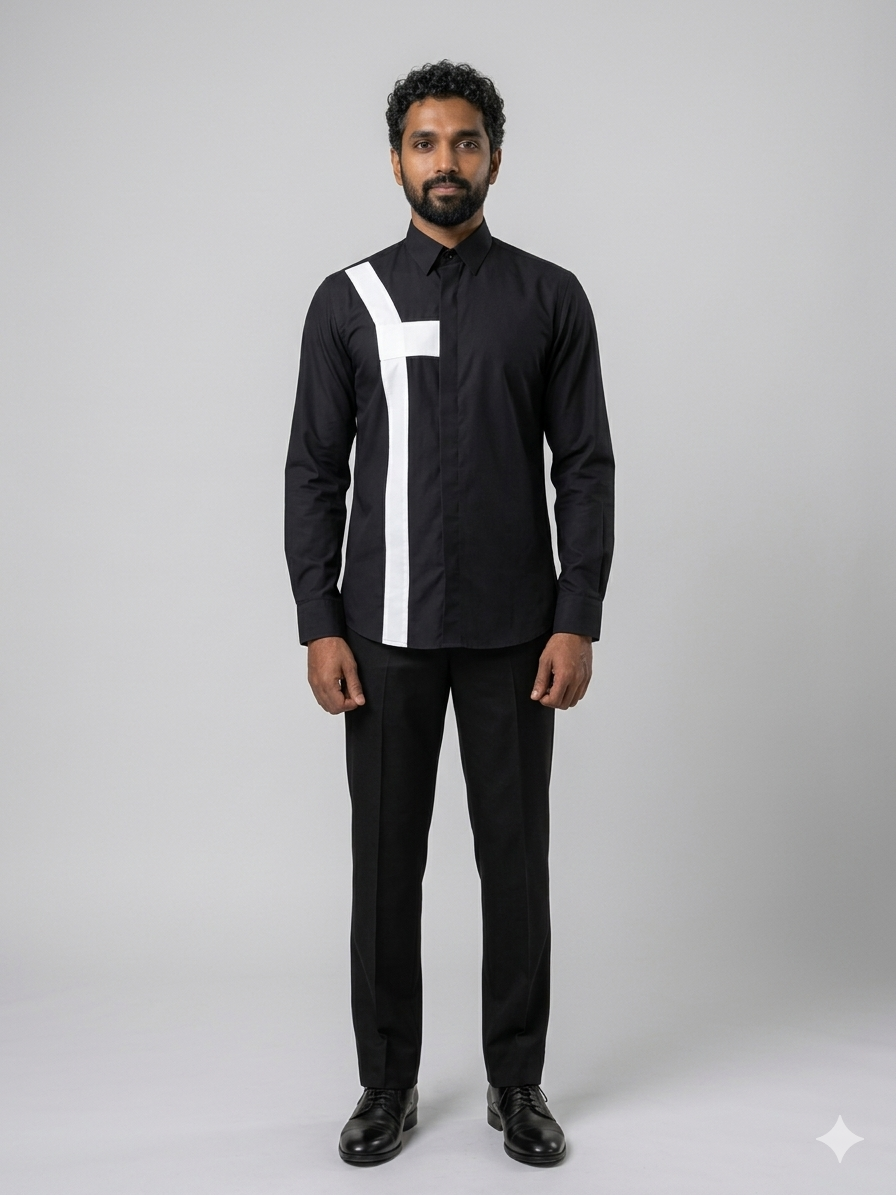 Black mandarin-collar shirt with asymmetric white panel