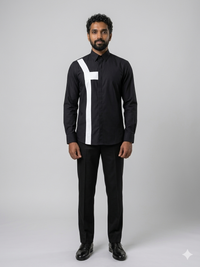 Black mandarin-collar shirt with asymmetric white panel