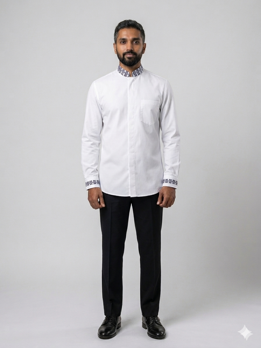 White mandarin-collar shirt with embroidered trim